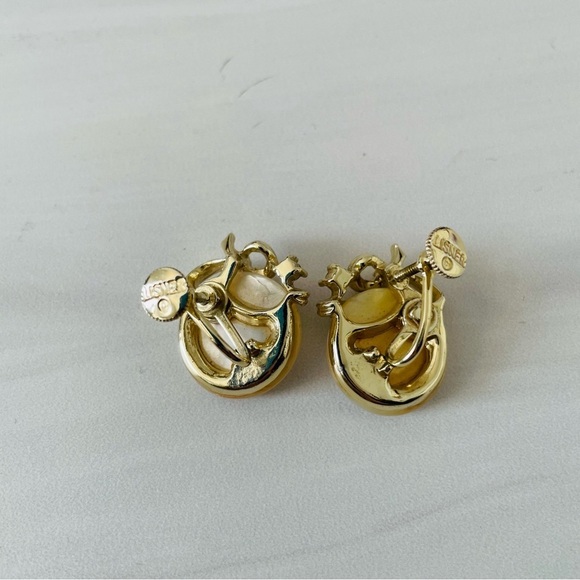 Lisner Pearlized and Rhinestone Bow Screw Back Earrings- Gold and White - Picture 3 of 4